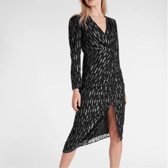 Express Metallic Faux Wrap Ruched Midi Dress XS - Picture 1 of 10